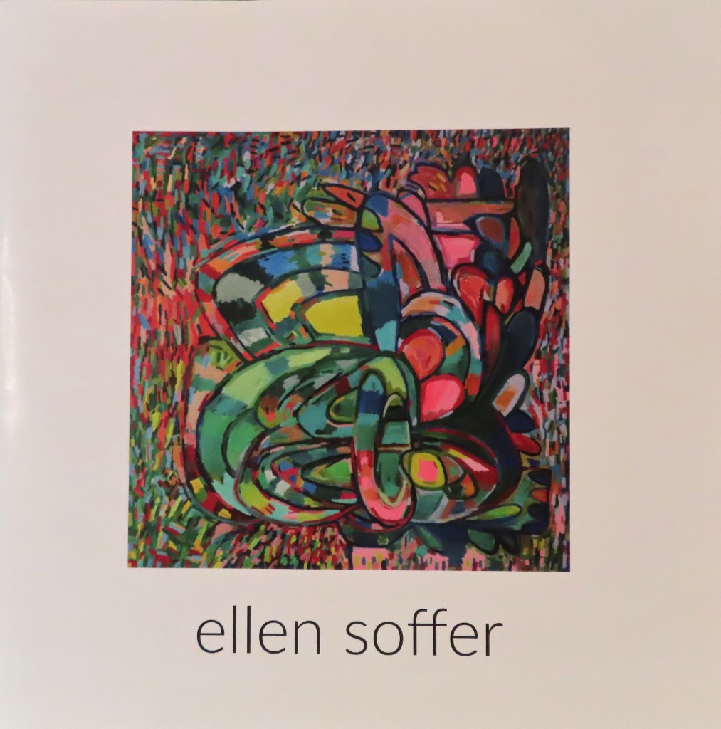 A white art catalog cover for Ellen Soffer's show Pink Sky recent paintings and works on paper January 26 through April 8, 2023 at Artspace in Shreveport, Louisiana. On the cover is a square painting called Butterfly 2, 2022, oil and flashe on canvas.
