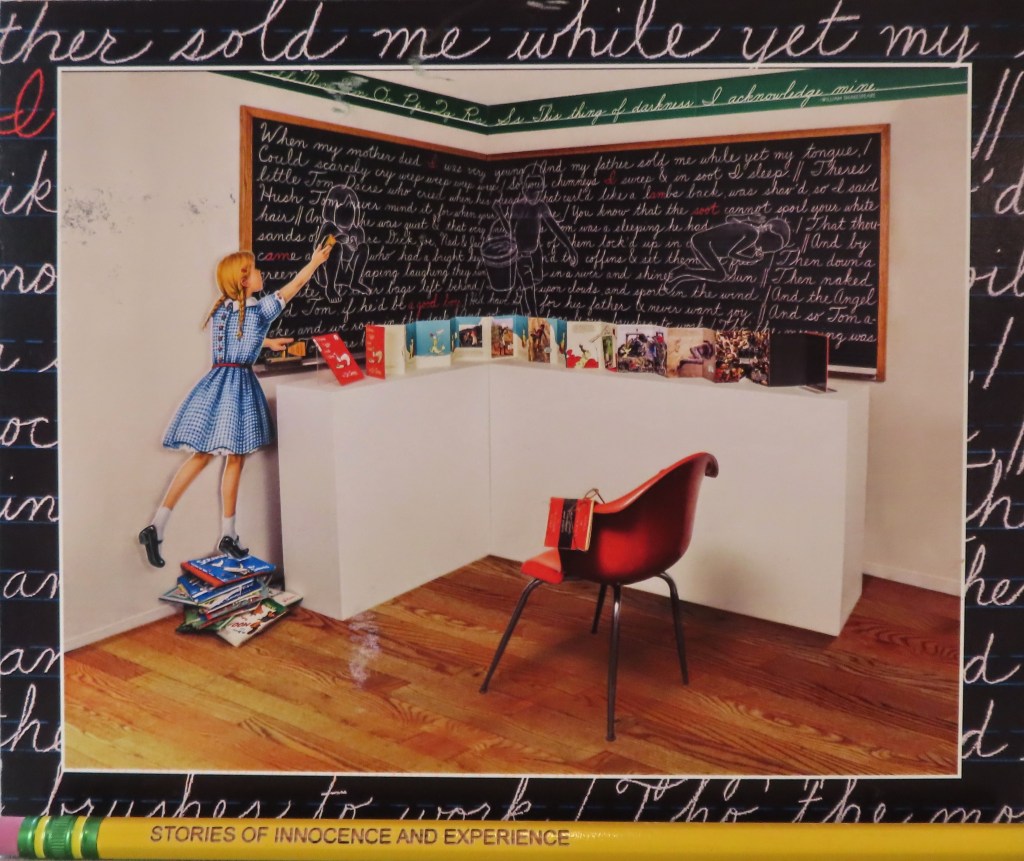The postcard has a graphic frame of partial words on a chalkboard, blown up. The only words readable are at the top in cursive: "sold me while yet my..." and the bottom: "brushes to work. Tho the..." Inside the frame, a paper cutout of a young girl with a plaid dress and pigtails stands tiptoe on a precarious pile of kids books erasing a drawing on the chalkboard on the wall. The words are readable on this chalkboard: "When my mother died I was very young. And my father sold me whil eyet my tongue could scarsely cry.". Overlaid are chalk drawings of children (one crouching, one carrying a bucket of water, and a 3rd sleeping and sucking its thumb.