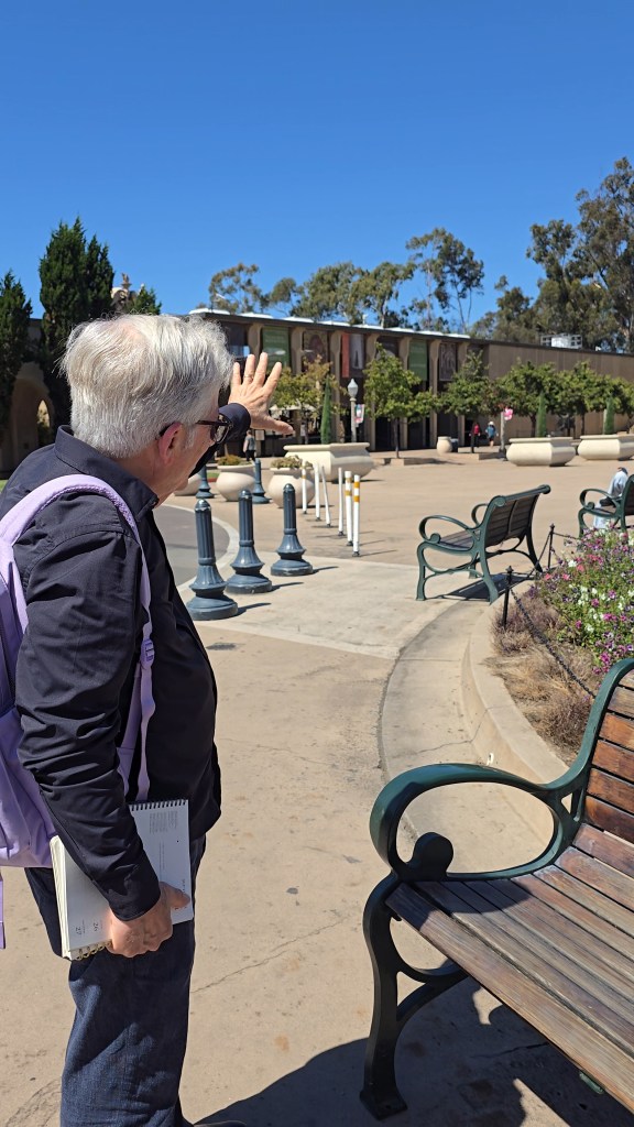 Bob points toward the wing of the San Diego Museum of art scheduled for renovations in the coming years.